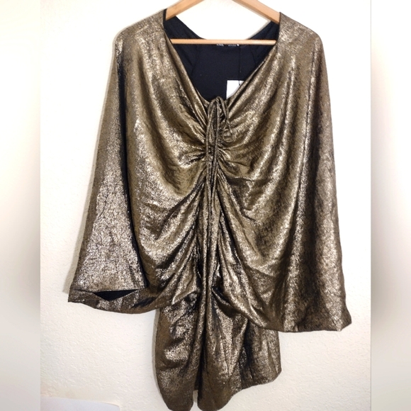 Zara Black And Gold Draped Balloon Mini Dress - Picture 4 of 11